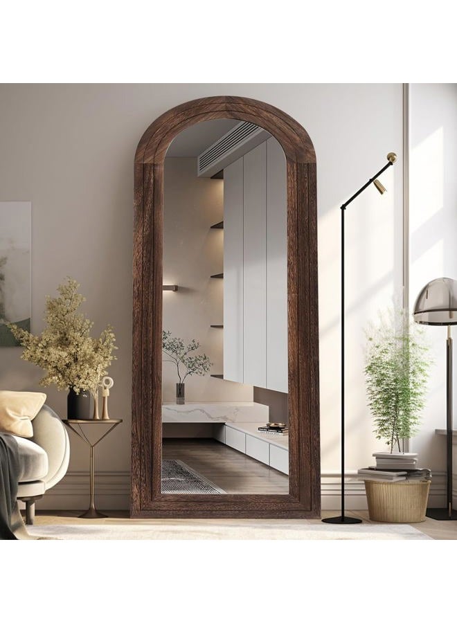 ZHUNFA Arched Full Length Mirror with Solid Wood Frame, 71x32 Farmhouse Wall Mounted Floor Mirror with Stand, Vertical Hanging, Leaning Standing for Bedroom, Living Room, Brown - Image 1