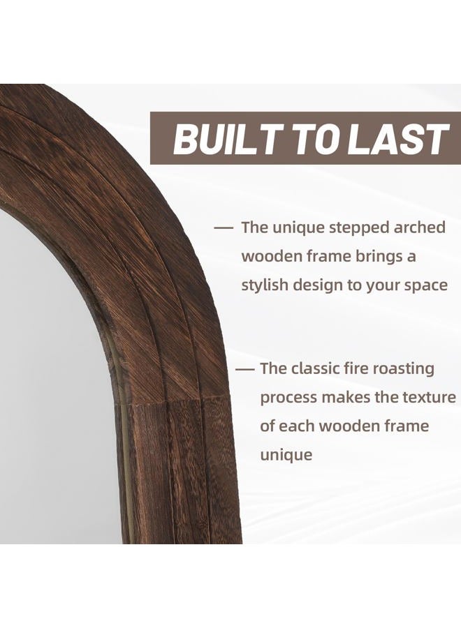 ZHUNFA Arched Full Length Mirror with Solid Wood Frame, 71x32 Farmhouse Wall Mounted Floor Mirror with Stand, Vertical Hanging, Leaning Standing for Bedroom, Living Room, Brown - Image 3