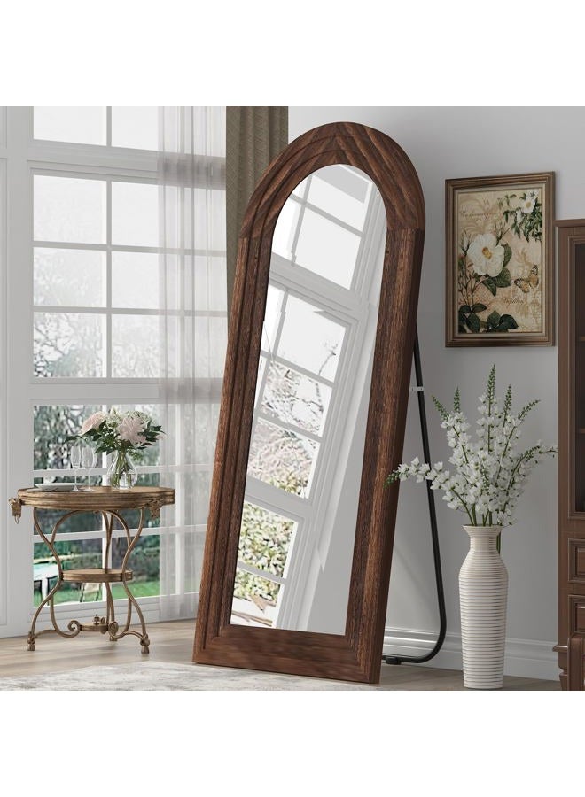 ZHUNFA Arched Full Length Mirror with Solid Wood Frame, 71x32 Farmhouse Wall Mounted Floor Mirror with Stand, Vertical Hanging, Leaning Standing for Bedroom, Living Room, Brown - Image 2