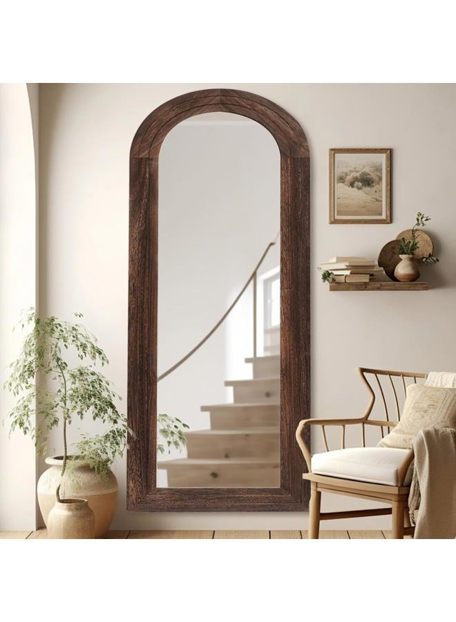 ZHUNFA Arched Full Length Mirror with Solid Wood Frame, 71x32 Farmhouse Wall Mounted Floor Mirror with Stand, Vertical Hanging, Leaning Standing for Bedroom, Living Room, Brown - Image 5