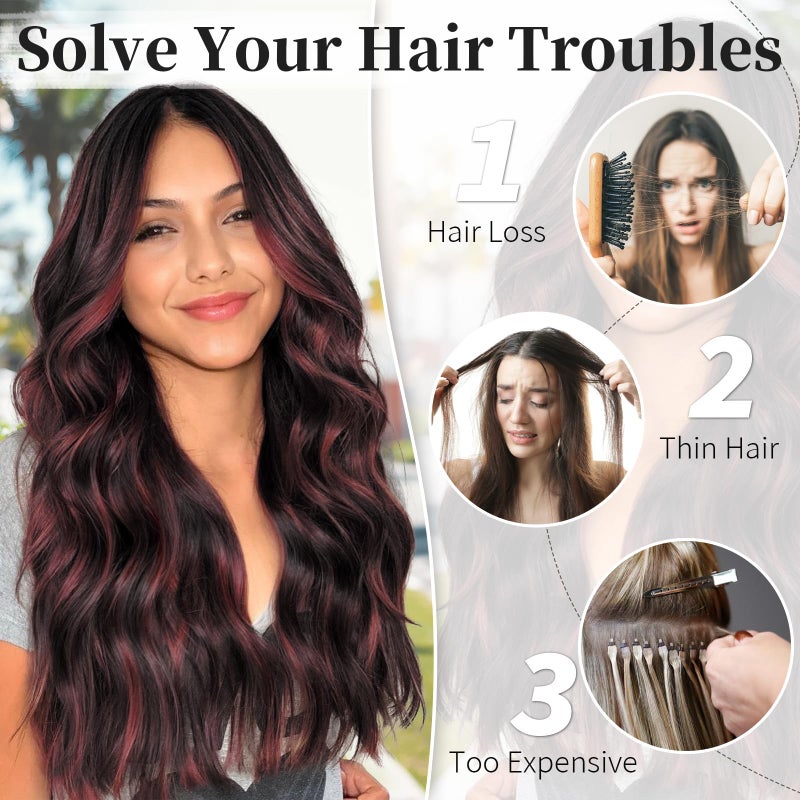 KooKaStyle Invisible Wire Hair Extensions with Transparent Headband Adjustable Size 4 Secure Clips Long Wavy Secret Wire Hairpiece 20 Inch Burgundy mix Dark Brown for Women - Image 4