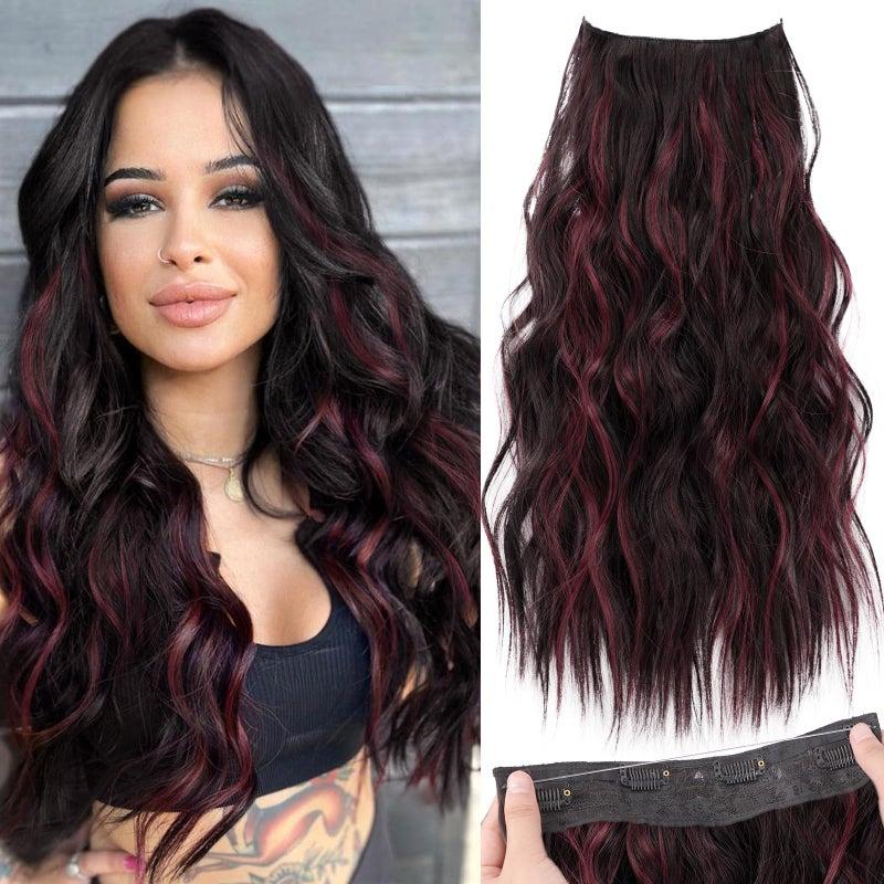 KooKaStyle Invisible Wire Hair Extensions with Transparent Headband Adjustable Size 4 Secure Clips Long Wavy Secret Wire Hairpiece 20 Inch Burgundy mix Dark Brown for Women - Image 1