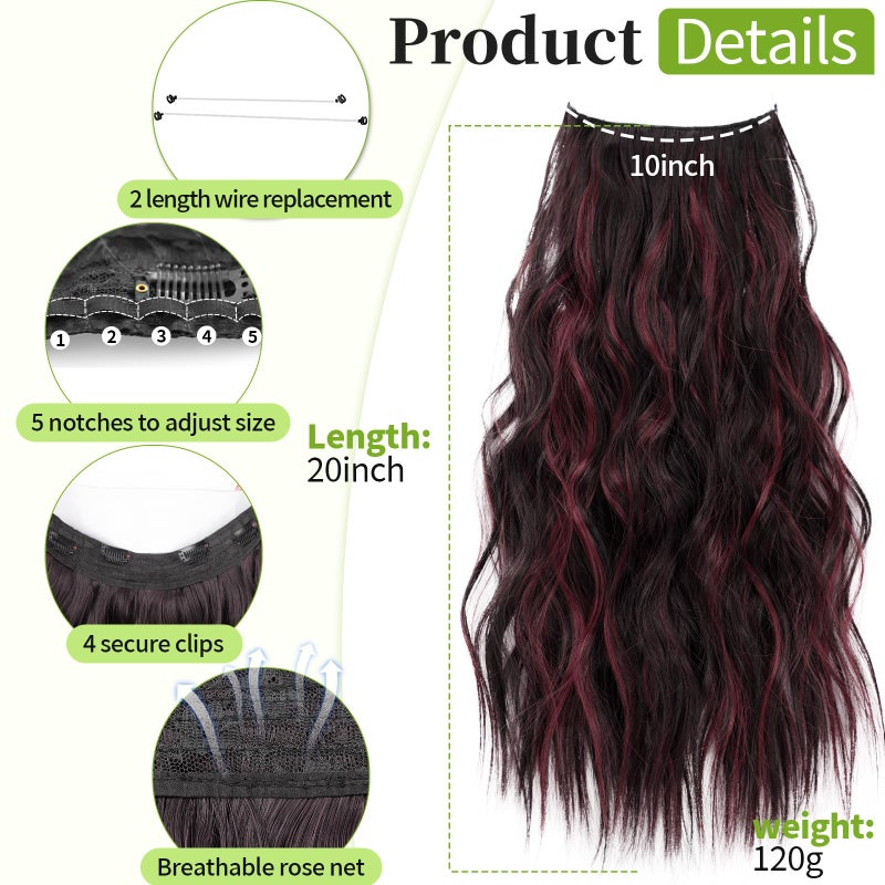 KooKaStyle Invisible Wire Hair Extensions with Transparent Headband Adjustable Size 4 Secure Clips Long Wavy Secret Wire Hairpiece 20 Inch Burgundy mix Dark Brown for Women - Image 2