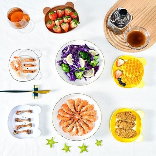 OLWICK® 5.9 Inch Plastic Plates Set with Holder | Small Dessert Dishes | Cute Bear Appetizer Plates | Reusable Mini Plate for Snacks,Fruits,Salad,Cakes, Pack of 10, Brown - Image 2