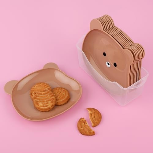 OLWICK® 5.9 Inch Plastic Plates Set with Holder | Small Dessert Dishes | Cute Bear Appetizer Plates | Reusable Mini Plate for Snacks,Fruits,Salad,Cakes, Pack of 10, Brown - Image 1