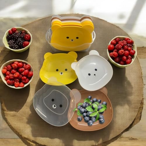 OLWICK® 5.9 Inch Plastic Plates Set with Holder | Small Dessert Dishes | Cute Bear Appetizer Plates | Reusable Mini Plate for Snacks,Fruits,Salad,Cakes, Pack of 10, Brown - Image 4