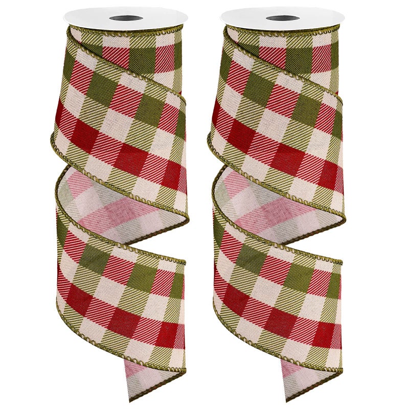 Whaline 2 Rolls Wired Edge Plaids Ribbon Christmas Buffalo Check Red Green 25 Inch Farmhouse Craft for DIY Gift Wrapping Wreath Xmas Tree Bow Decoration 10 Yards