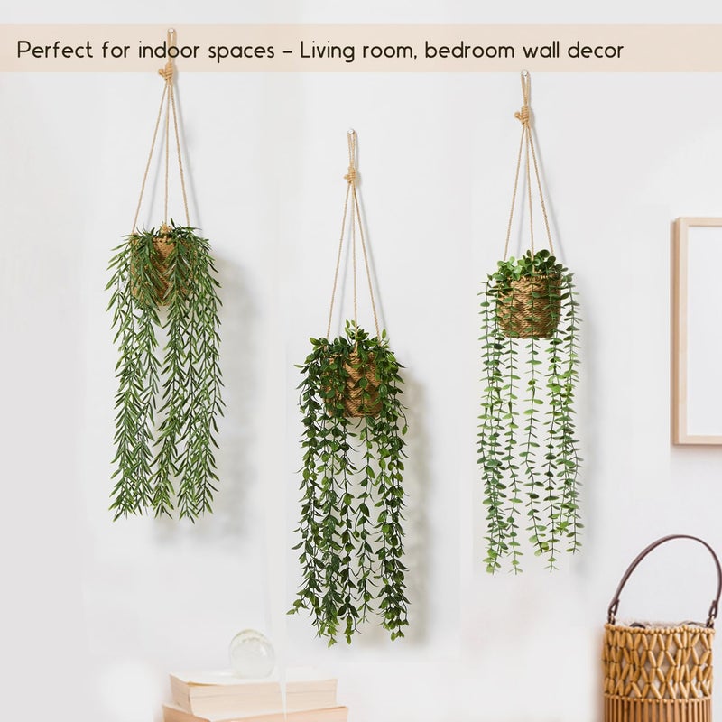 Mokof 3 Pack Artificial Hanging Plants in Boho Handwoven Baskets for Living Room, Bedroom, Bathroom Wall Shelf Decor - Image 5