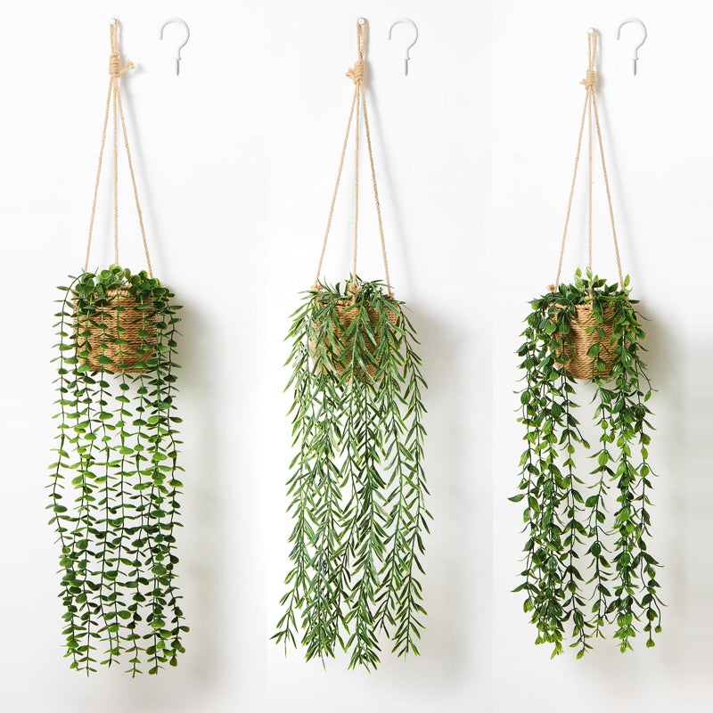 Mokof 3 Pack Artificial Hanging Plants in Boho Handwoven Baskets for Living Room, Bedroom, Bathroom Wall Shelf Decor - Image 1