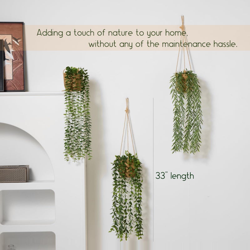 Mokof 3 Pack Artificial Hanging Plants in Boho Handwoven Baskets for Living Room, Bedroom, Bathroom Wall Shelf Decor - Image 4