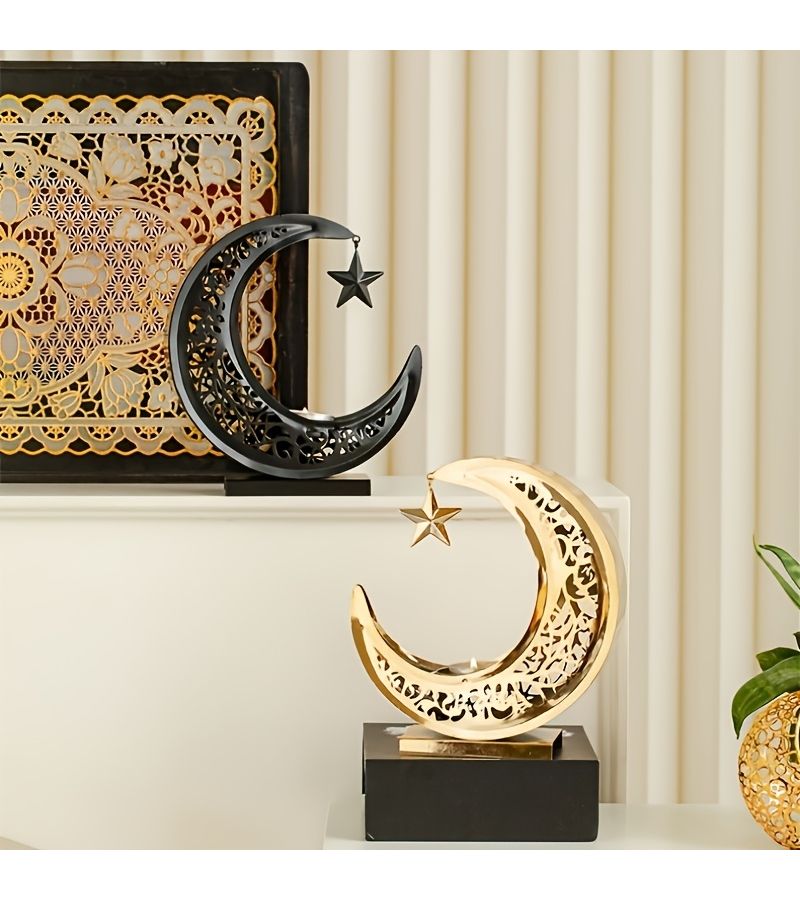 Luxury Golden Carved Metal Crescent Moon and Star Candle Holder for Ramadan Holiday Decoration Black and Gold Two Tone Tabletop Ornament for Living Room - Image 4