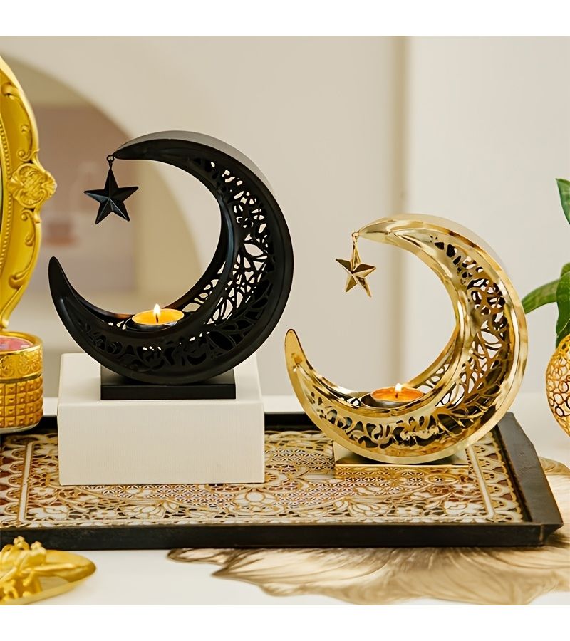 Luxury Golden Carved Metal Crescent Moon and Star Candle Holder for Ramadan Holiday Decoration Black and Gold Two Tone Tabletop Ornament for Living Room - Image 5