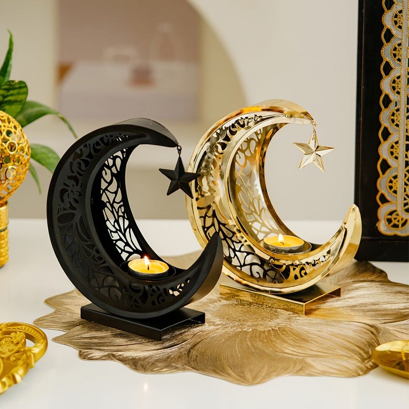 Luxury Golden Carved Metal Crescent Moon and Star Candle Holder for Ramadan Holiday Decoration Black and Gold Two Tone Tabletop Ornament for Living Room - Image 1