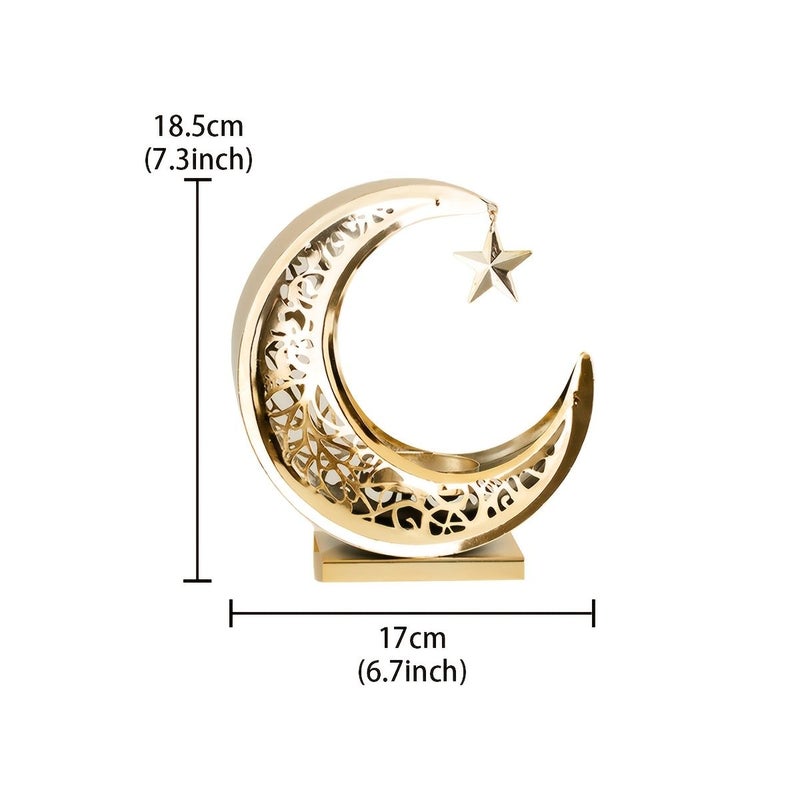 Luxury Golden Carved Metal Crescent Moon and Star Candle Holder for Ramadan Holiday Decoration Black and Gold Two Tone Tabletop Ornament for Living Room - Image 3
