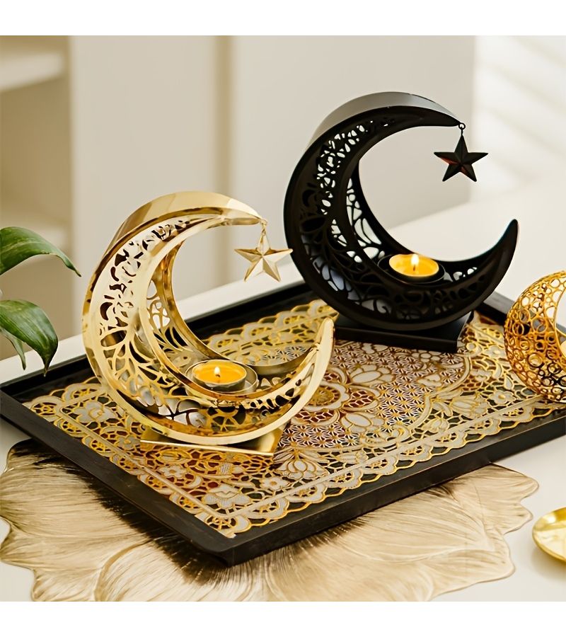 Luxury Golden Carved Metal Crescent Moon and Star Candle Holder for Ramadan Holiday Decoration Black and Gold Two Tone Tabletop Ornament for Living Room - Image 2