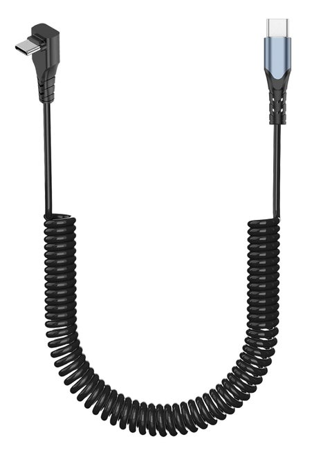 Coiled USB C to USB C Cable Short Right Angle 90 Degree Type C to USB C Cable for Car 60W Fast Charging Retractable Cable Spring Spiral USB C Cable Right Angle USB-C Charger Cord