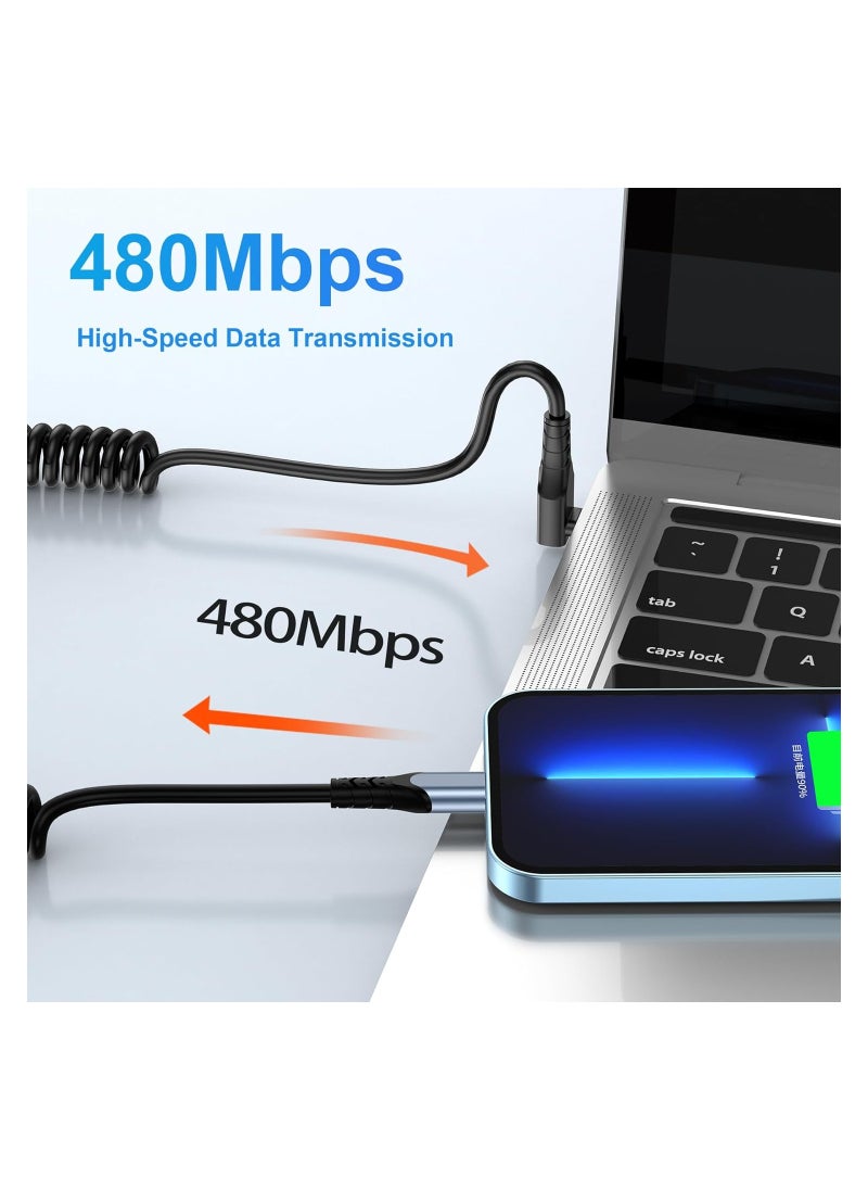 SYOSI - Coiled USB C to USB C Cable Short Right Angle 90 Degree Type C to USB C Cable for Car 60W Fast Charging Retractable Cable Spring Spiral USB C Cable Right Angle USB-C Charger Cord - Image 1