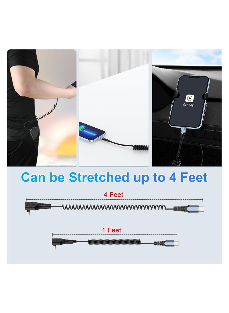 SYOSI - Coiled USB C to USB C Cable Short Right Angle 90 Degree Type C to USB C Cable for Car 60W Fast Charging Retractable Cable Spring Spiral USB C Cable Right Angle USB-C Charger Cord - Image 1