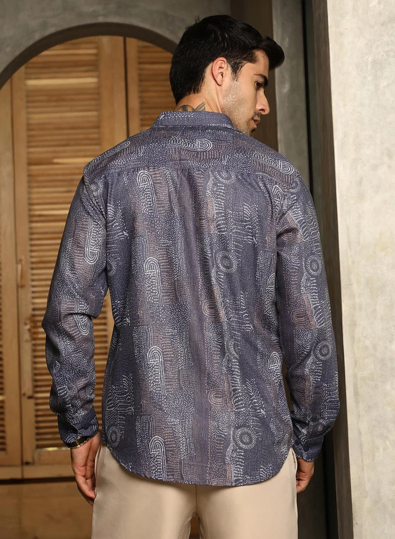 Campus Sutra Men's Indigo Blue Thread-Imprint Shirt