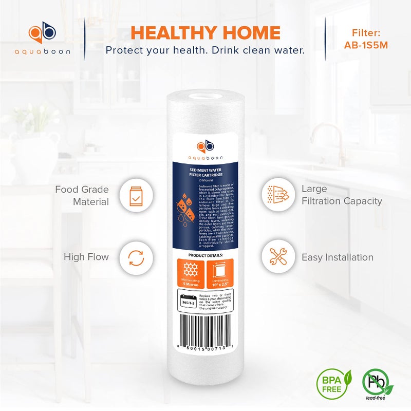 Aquaboon 5 Micron 10 x 2.5 Sediment Filter - Whole House Water Filter Replacement Compatible with Well Water Filters - P5, AP110, WHKF-GD05, 25-Pack - Image 4