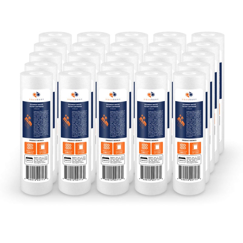 Aquaboon 5 Micron 10 x 2.5 Sediment Filter - Whole House Water Filter Replacement Compatible with Well Water Filters - P5, AP110, WHKF-GD05, 25-Pack - Image 1