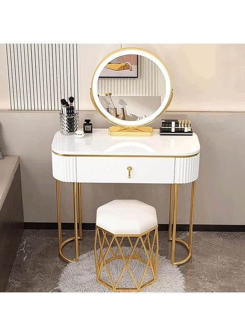 Makeup Vanity Table Set with Touch Screen Lighted Mirror, 1 Drawers, Cushioned Stool, Makeup Desk Bedroom Girls Dressing Table Furniture