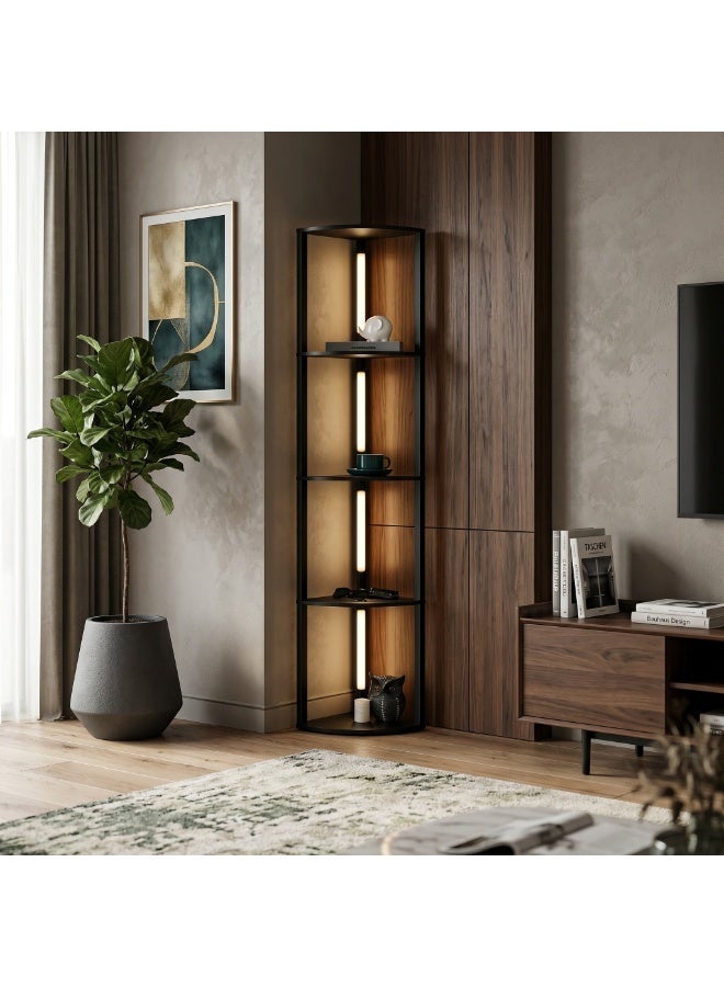 شاربدو مصباح أرضي مع رف زاوية، مصباح قائم LED قابل لتغيير اللون إلى 3 ألوان مع 4 أرفف من الخشب الصلب، سعة تحمل عالية 60 رطلاً، مفتاح قدم، طلاء UV آمن للأطفال، لغرفة المعيشة وغرفة النوم والمجلس، أسود 162×30×30 سم - Image 3