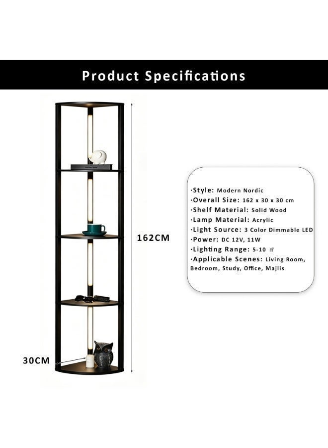 Sharpdo Corner Shelf Floor Lamp | 3-Color Dimmable LED Standing Lamp with 4-Tier Solid Wood Shelves | 60lbs Load Capacity, Foot Switch & Child-Safe UV Coating | Modern Nordic Home Decor for Living Room, Bedroom & Majlis | Black 162×30×30cm - Image 5