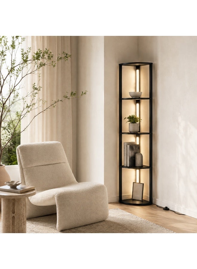 Sharpdo 4-Tier Corner Shelf Floor Lamp, Solid Wood LED Display Rack with 3 Color Temperatures, Adjustable Brightness and Foot Switch, 162 x 30 x 30 cm, Black - Image 1