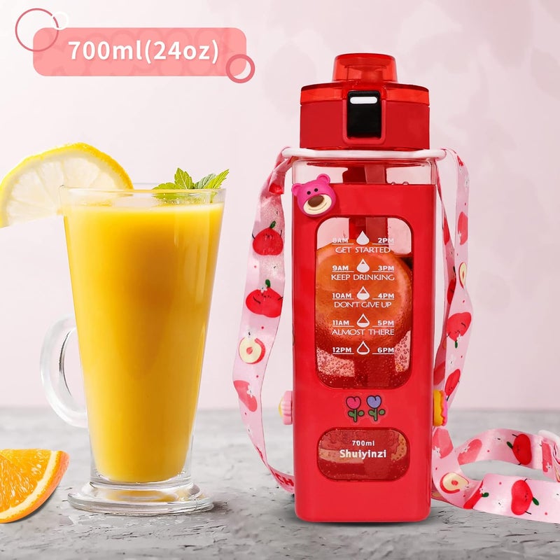fufeisi Kawaii Water Bottle for Girls,Cute Kids Water Bottles with Straw,700ml Portable LeakProof Water Bottles With Adjustable Shoulder Strap for School(Red)… - Image 5