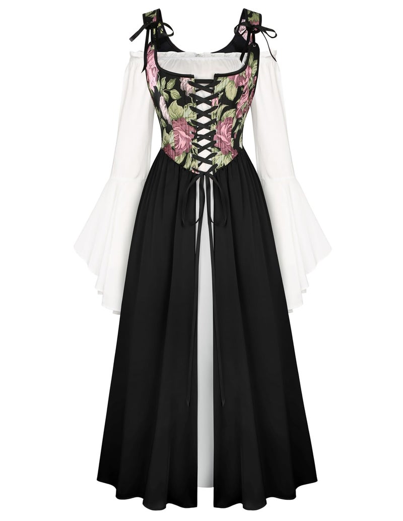 Scarlet Darkness Women Renaissance Dress Peasant Medieval Dress Bell Sleeve Maxi Fairy Dress Black 16 - Image 1
