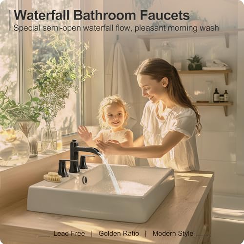 HEYMYTAP Waterfall Bathroom Faucets 3 Hole, 8 Inch Brass Oil Rubbed Bronze Bathroom Faucet, 2 Handles Bathroom Sink Faucet, Widespread Faucet for Bathroom Sink with Pop-up Drain & Hose - Image 2