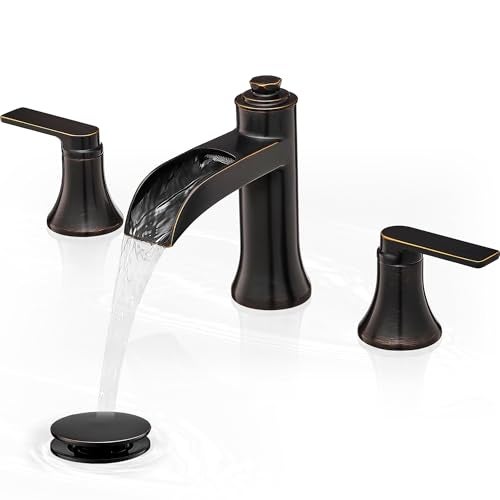 HEYMYTAP Waterfall Bathroom Faucets 3 Hole, 8 Inch Brass Oil Rubbed Bronze Bathroom Faucet, 2 Handles Bathroom Sink Faucet, Widespread Faucet for Bathroom Sink with Pop-up Drain & Hose - Image 1