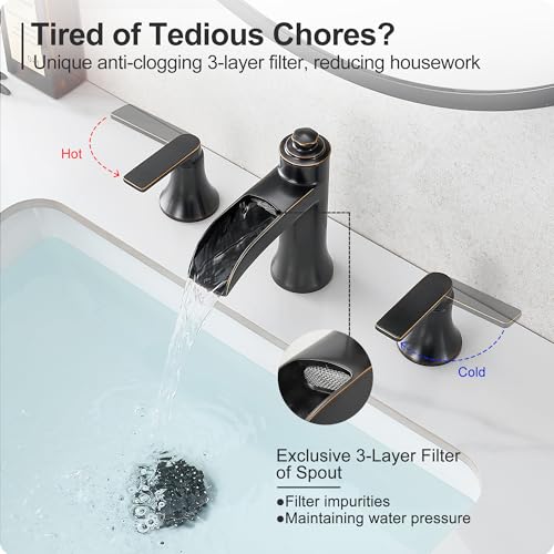 HEYMYTAP Waterfall Bathroom Faucets 3 Hole, 8 Inch Brass Oil Rubbed Bronze Bathroom Faucet, 2 Handles Bathroom Sink Faucet, Widespread Faucet for Bathroom Sink with Pop-up Drain & Hose - Image 3