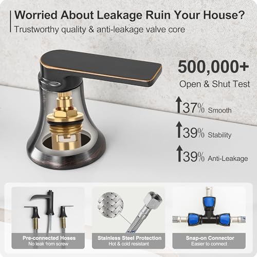 HEYMYTAP Waterfall Bathroom Faucets 3 Hole, 8 Inch Brass Oil Rubbed Bronze Bathroom Faucet, 2 Handles Bathroom Sink Faucet, Widespread Faucet for Bathroom Sink with Pop-up Drain & Hose - Image 5