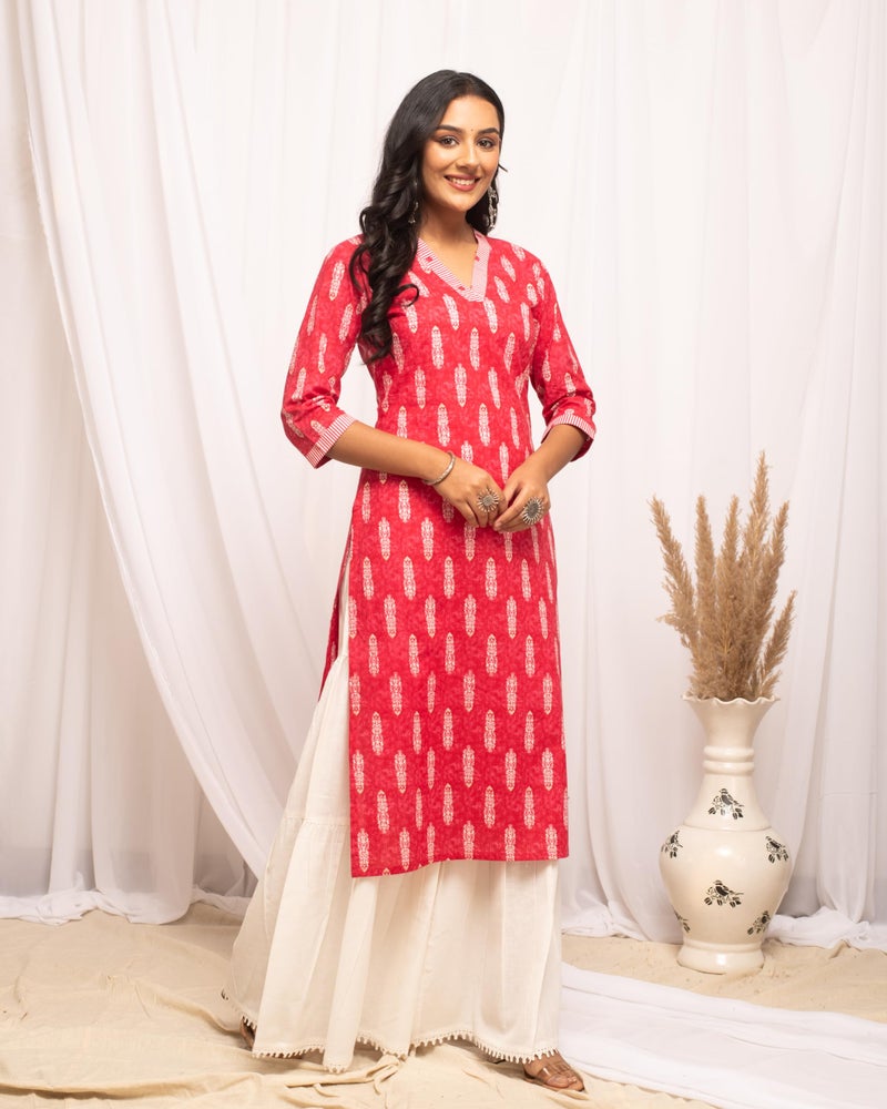 FIORRA Women's Rani Pink Leaf Printed Cotton Straight Kurta FAR0104 - Image 3