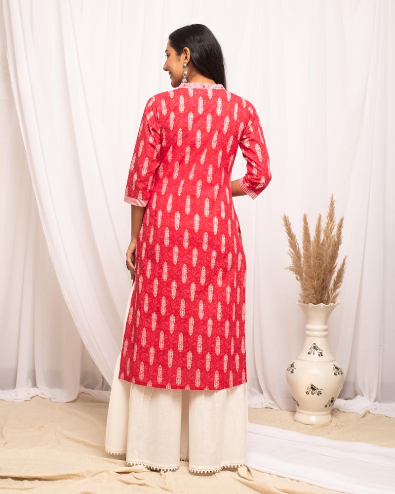 FIORRA Women's Rani Pink Leaf Printed Cotton Straight Kurta FAR0104 - Image 2