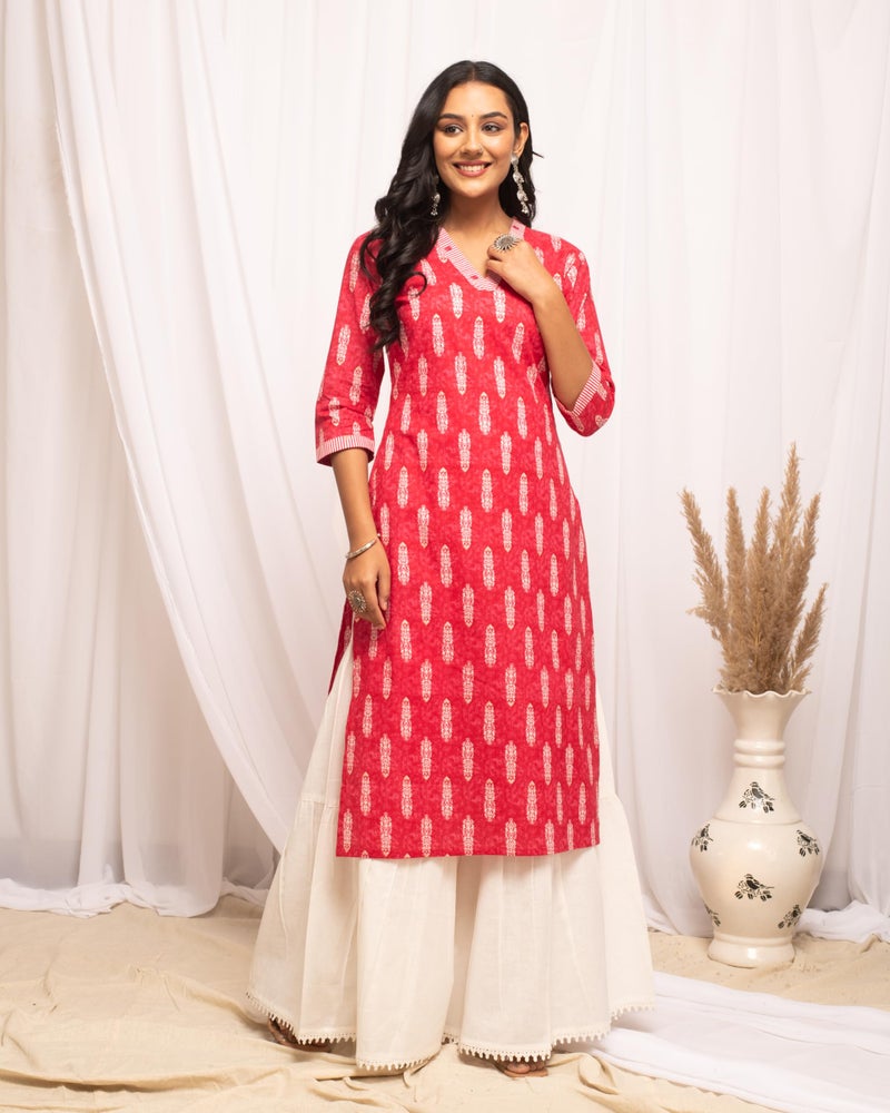 FIORRA Women's Rani Pink Leaf Printed Cotton Straight Kurta FAR0104 - Image 5