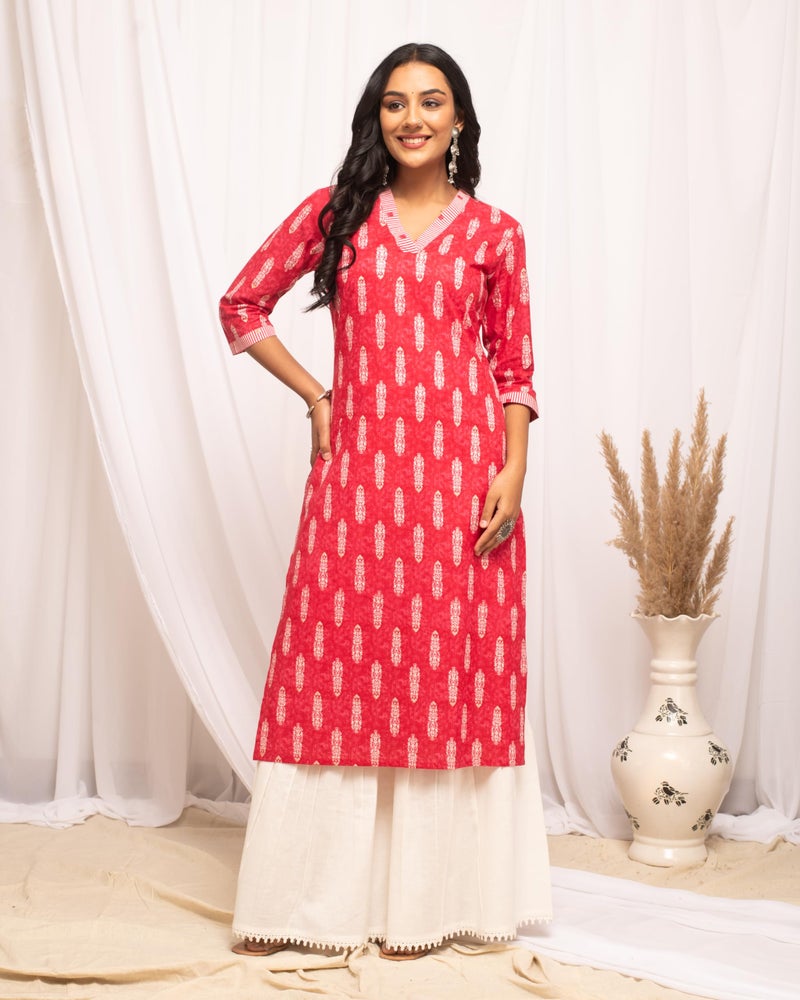 FIORRA Women's Rani Pink Leaf Printed Cotton Straight Kurta FAR0104 - Image 4