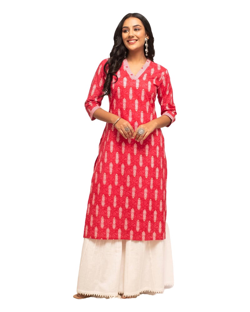 FIORRA Women's Rani Pink Leaf Printed Cotton Straight Kurta FAR0104 - Image 1