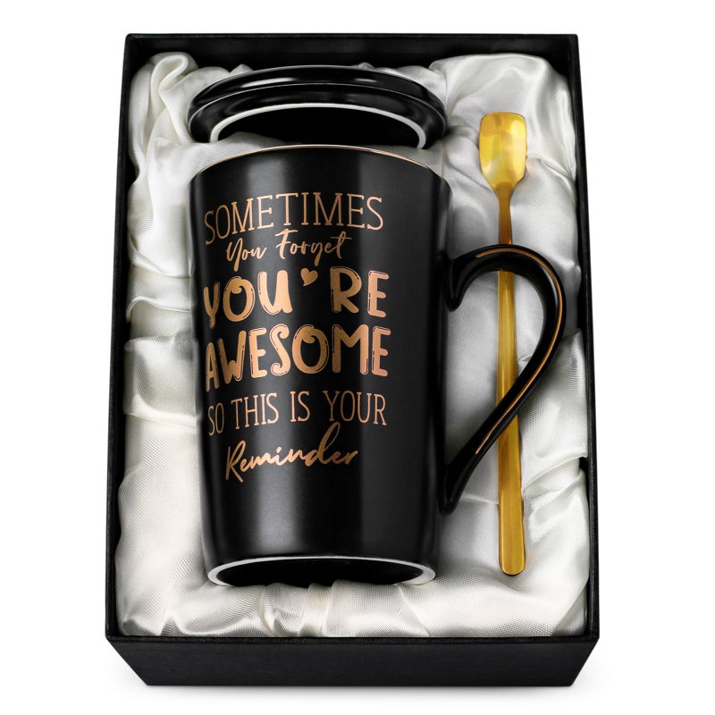 ALBISS Anniversary Birthday Thank You Gifts for Men, Sometimes You Forget You're Awesome - 14oz Unique Black Ceramic Inspirational Mug with Gold Print, Funny Valentines Day Presents for Boyfriend Husband Him - Image 1