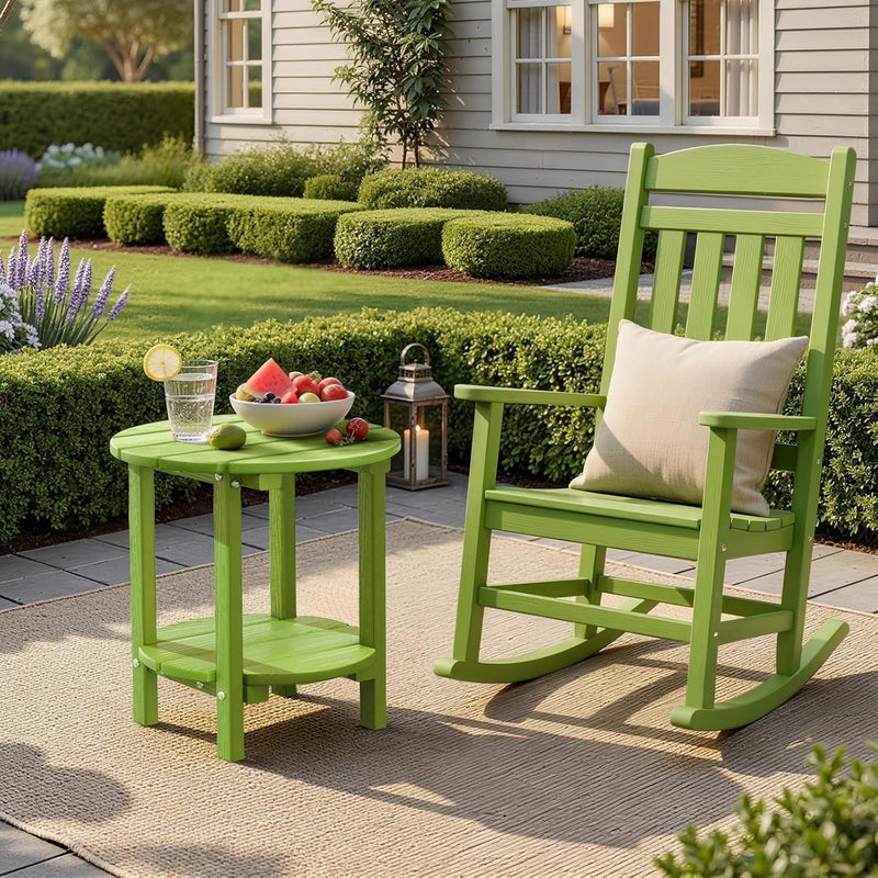 LOENIY 2 -Tier Outdoor Side Table HDPE Adirondack Table Patio Side Table with Wood-Like Grain Weather Resistant End Table Small Outdoor Table (Round, Lime) - Image 2