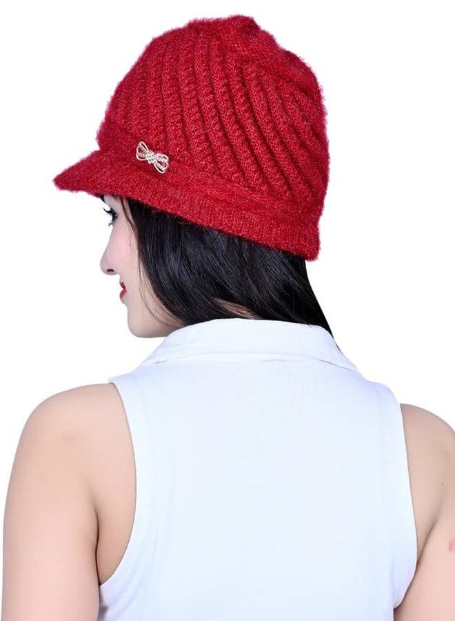 Dressify NVL Womens Winter Beanie Hat Warm Knitted Slouchy Wool Hats with Visor Meroon Color - Image 2