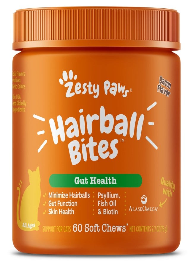 Zesty Paws Hairball Bites for Cats - Cat Furball Support - Functional Supplement with Omega 3 Fish Oil EPA & DHA + Zinc, Biotin & Psyllium Husk - Supports Gut & Skin Health - 60 Count - Image 1
