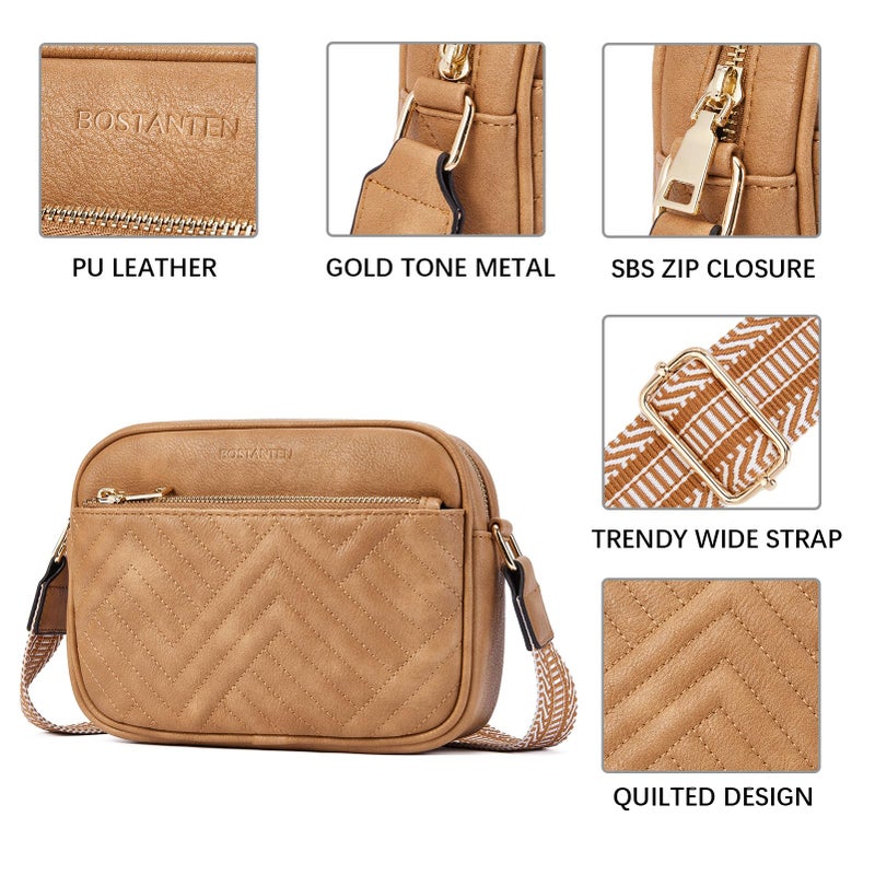 BOSTANTEN Quilted Crossbody Bags for Women Vegan Leather Purses Small Shoulder Handbags with Wide Strap Camel Brown - Image 3
