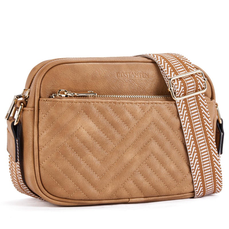 BOSTANTEN Quilted Crossbody Bags for Women Vegan Leather Purses Small Shoulder Handbags with Wide Strap Camel Brown - Image 1