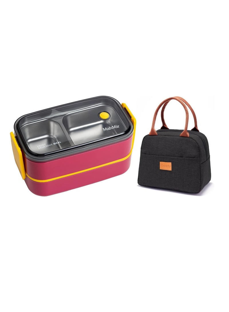 MahMir Stainless Steel Lunch Box - Insulated Bento Box Multifunctional-Containers Lunch Box with 2 Compartments & Tableware(304 stainless steel) lunch box with Lunch MahMir Lunch bag (Red+ Lunch Bag)  - Image 1