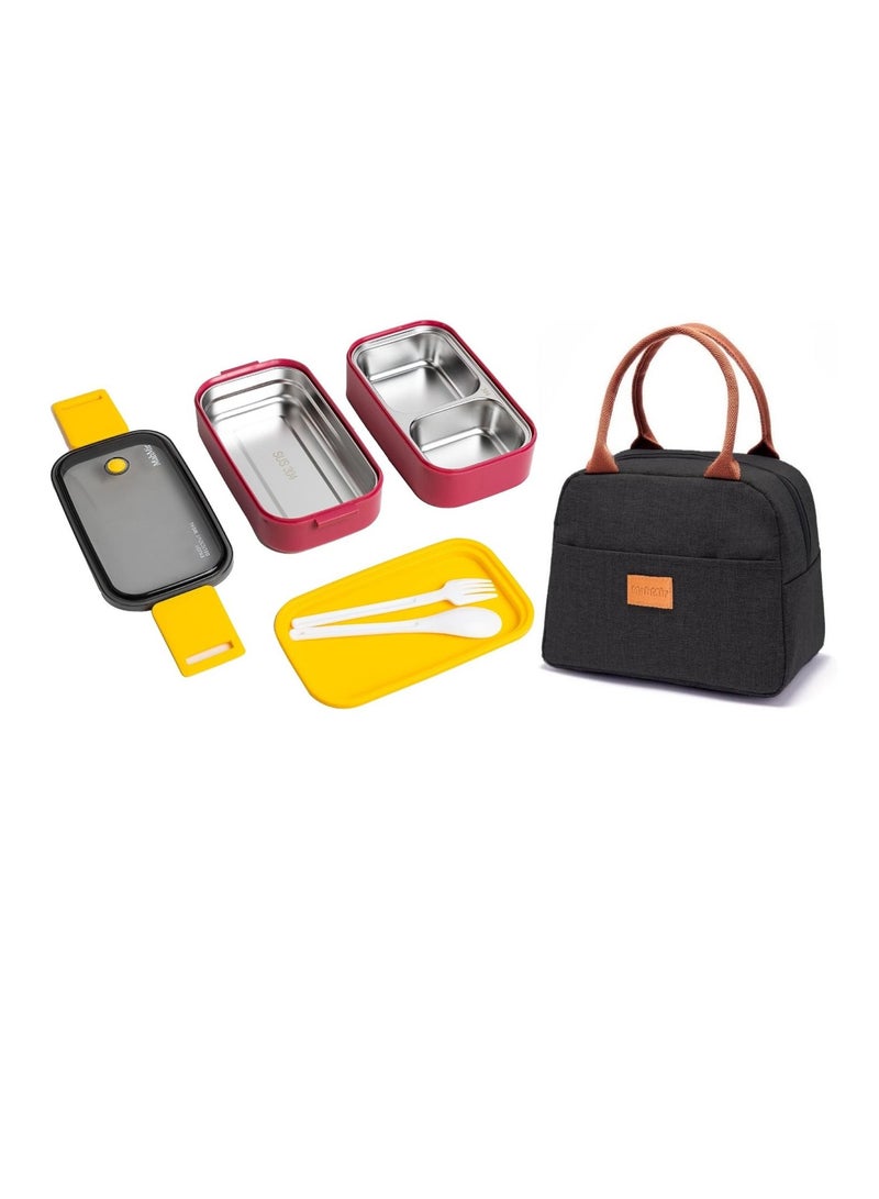 MahMir Stainless Steel Lunch Box - Insulated Bento Box Multifunctional-Containers Lunch Box with 2 Compartments & Tableware(304 stainless steel) lunch box with Lunch MahMir Lunch bag (Red+ Lunch Bag)  - Image 2