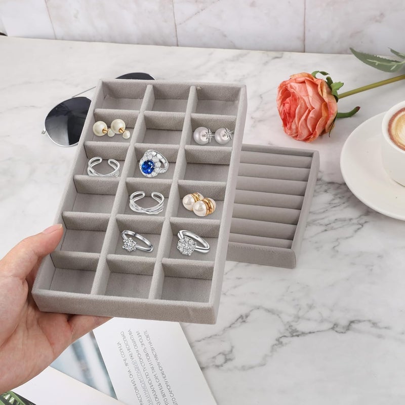 ALANX 4 Pcs Stackable Jewelry Organizer Tray,Jewelry Organizer Drawer Insert,Display Case Storage Containers, Earring Necklace Watch Bracelet Accessary Ring Trays with Removable Dividers (4, Grey) - Image 3