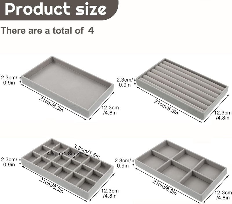 ALANX 4 Pcs Stackable Jewelry Organizer Tray,Jewelry Organizer Drawer Insert,Display Case Storage Containers, Earring Necklace Watch Bracelet Accessary Ring Trays with Removable Dividers (4, Grey) - Image 2